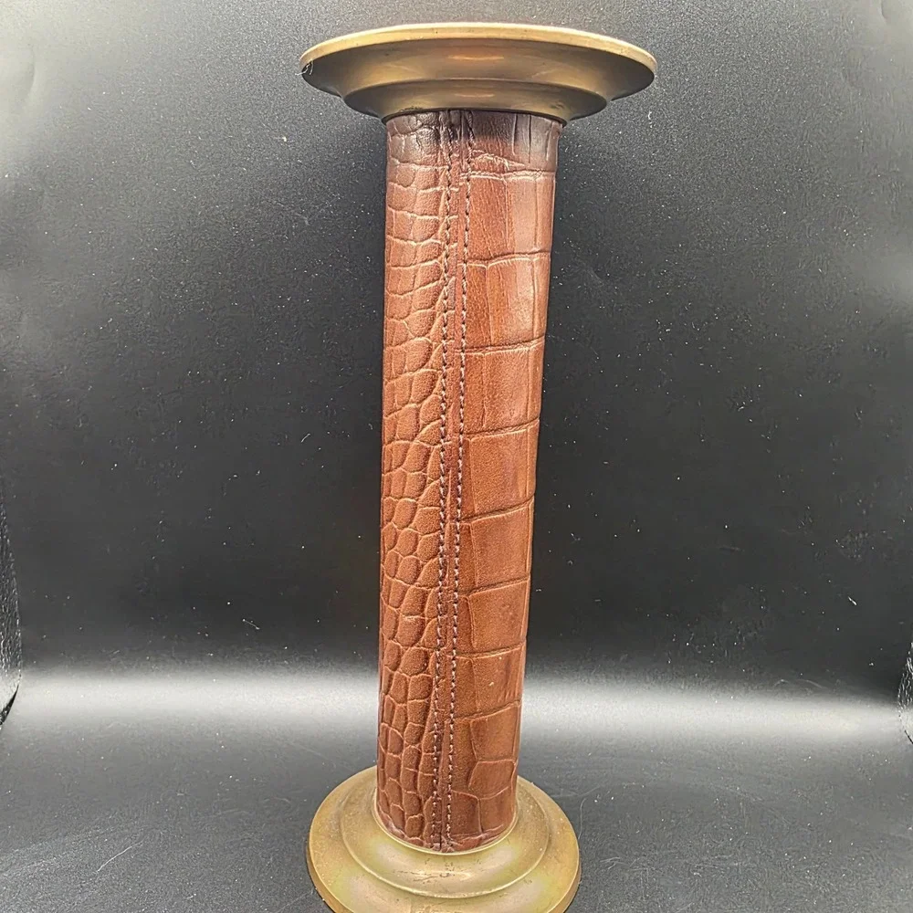 Vintage Brass and Brown Crocodile Leather Pillar Candle Holder Multiple Size 11